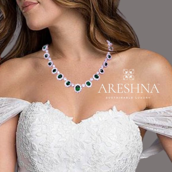 Green Emerald Diamond Bridal Jewelry Set Necklace and Earrings Crystal Jewelry - Picture 3 of 9